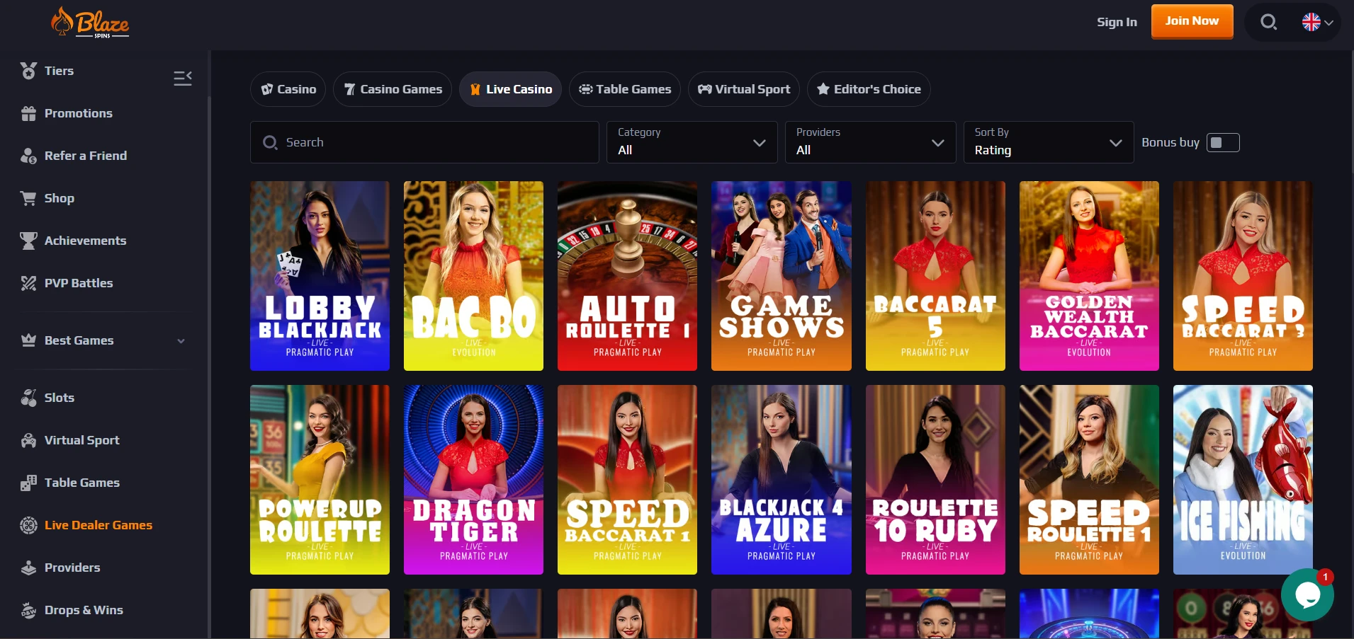 blazespins live casino